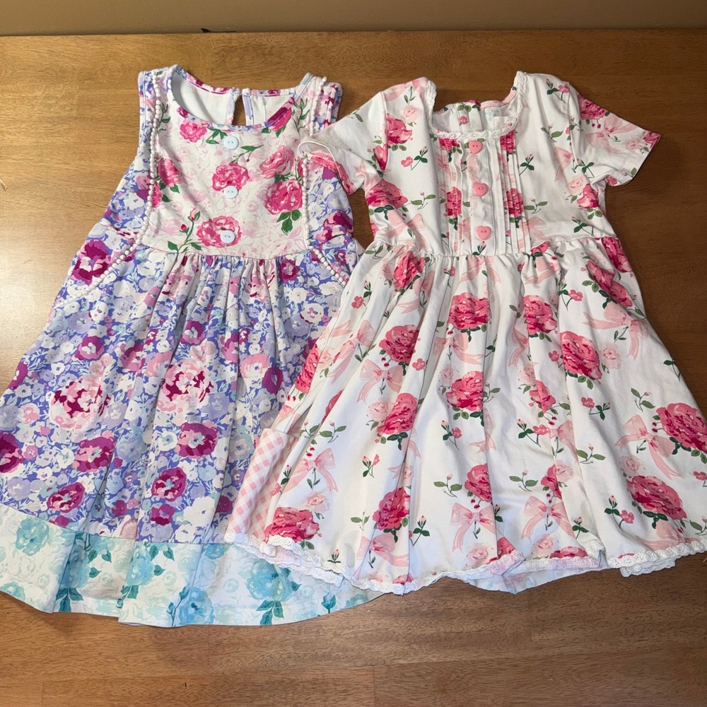 SweetHoney Girls Floral Dress Lot of 2 Pink Purple Rose Cotton Spandex Size 6Y